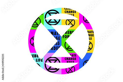 Extinction rebellion logo made up of climate change placards