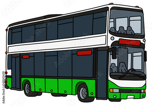 The vectorized hand drawing of a light green and white double decker city bus
