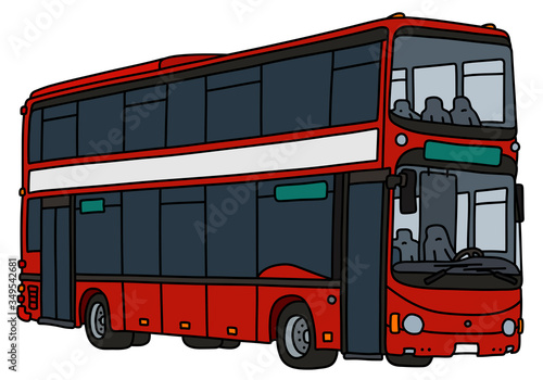 The vectorized hand drawing of a red double decker city bus