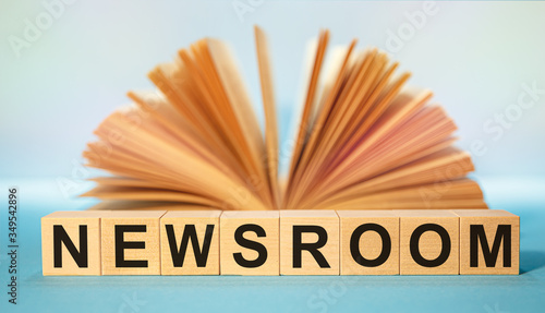 Wooden cubes with the abbreviation NEWSROOM on the background of an open book.