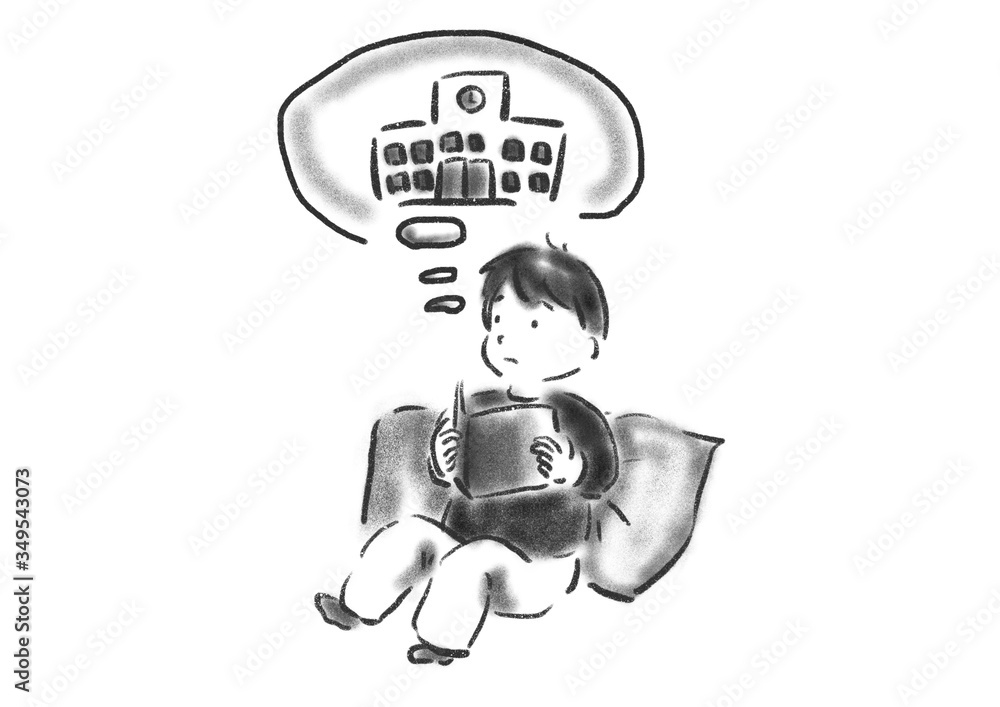 Fototapeta premium 学校 家にいる 子 イラスト モノクロ
