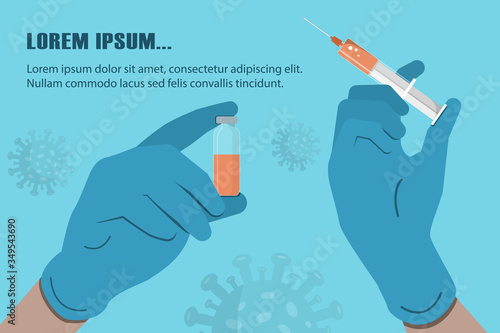 doctor hands in gloves hold vial and syringe with vaccine on blue background with copy space. Stock vector illustration.