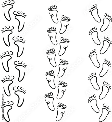 set of black traces of human feet, Step footprints paths, vector illustration in a minimalistic line style. for design of postcards, websites, social networks, stickers, banners