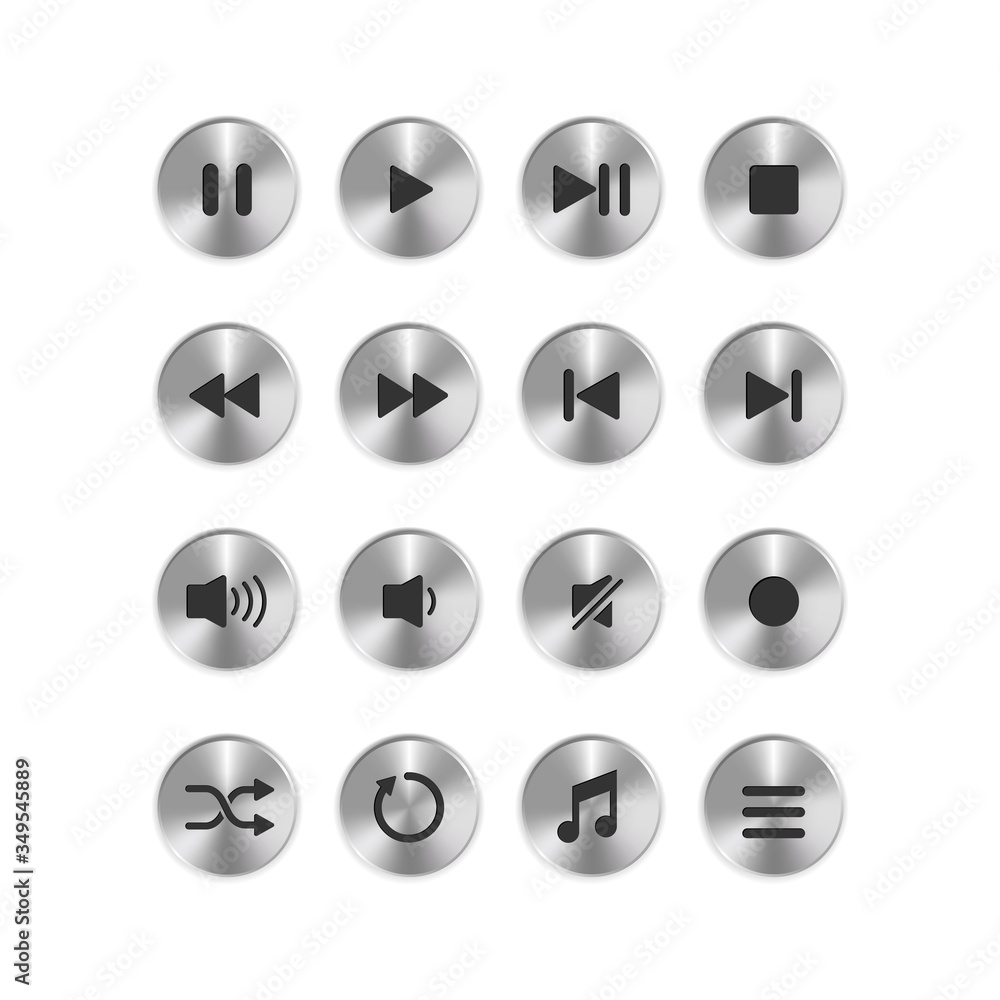 Set icon of circle metallic media player button, isolated vector illustration on white background Set icon of circle metallic media player button, isolated vector illustration on white background