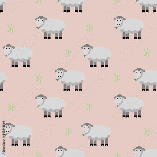 Sheep in the meadow. Seamless pattern, children's drawing. Funny illustration.