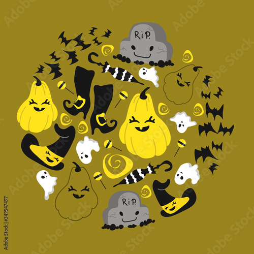 Set of Halloween paraphernalia in black and yellow tones on mustard background, includes witch's clothes, pumpkins, ghosts, tombstones, candy. For designing Halloween design, souvenirs and stickers.