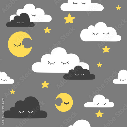 Seamless pattern of simple clouds with smiles and various additional elements on the theme of the sky. Made in a flat, minimalistic doodle style.