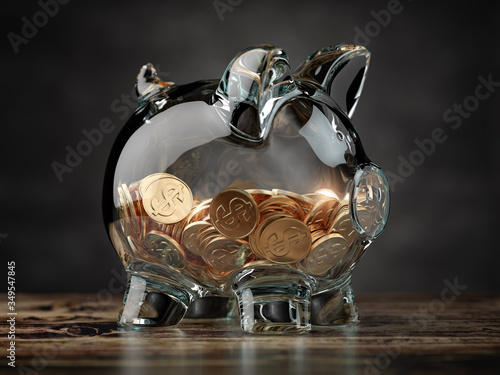 Piggy bank with golden coins. Financial investment, savings and family budget concept background. photo