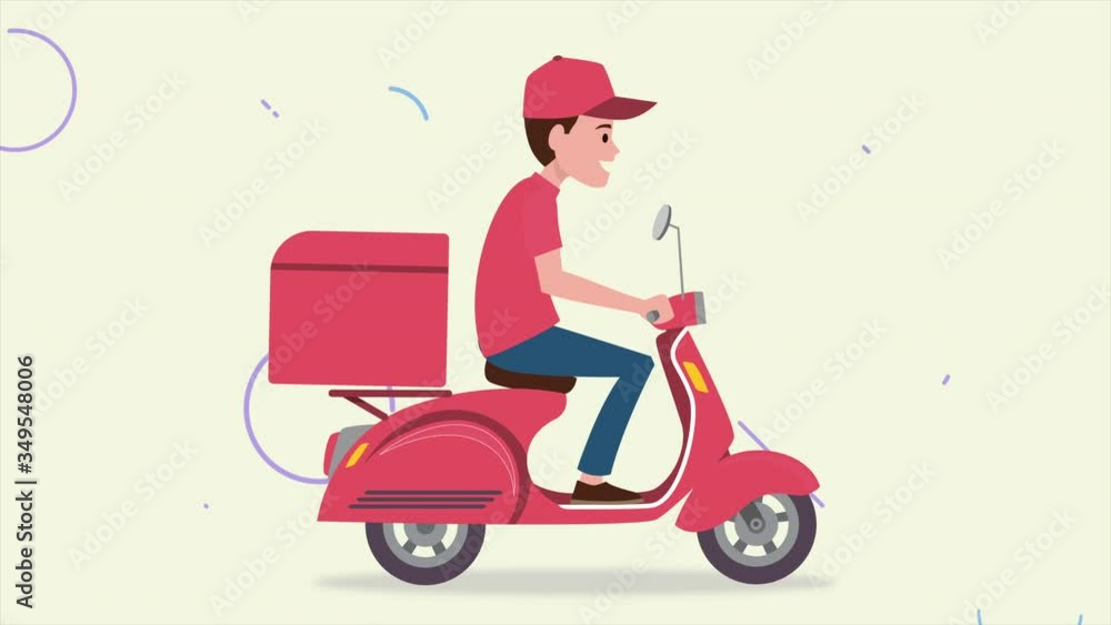 Delivery courier rides red scooter, delivery service concept animation alpha Delivery courier rides red scooter, delivery service concept animation alpha