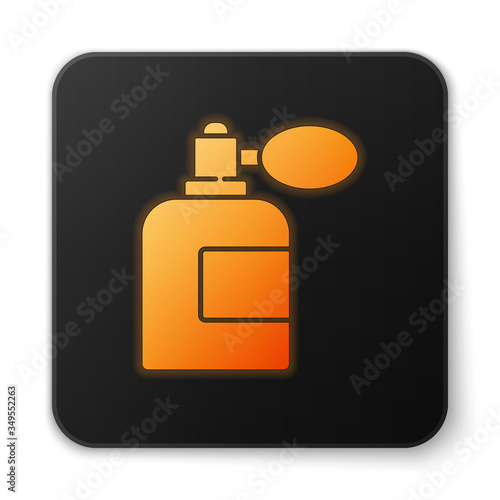 Orange glowing neon Aftershave bottle with atomizer icon isolated on white background. Cologne spray icon. Male perfume bottle. Black square button. Vector