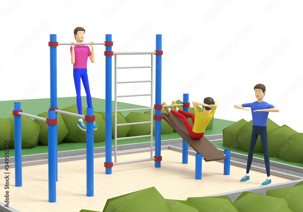Young men are doing sport at a sports ground outdoors. 3D illustration Young men are doing sport at a sports ground outdoors. 3D illustration