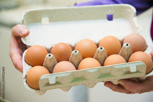 Packing eggs in the hands of a woman photo