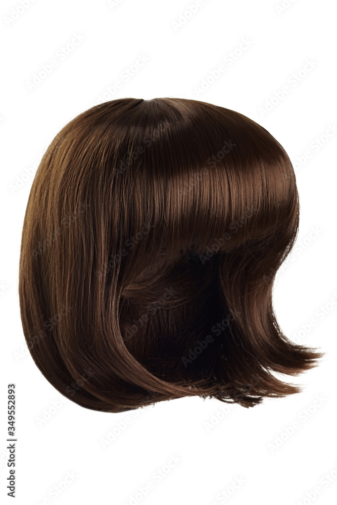 Subject shot of a natural looking brown wig with bangs. The short blunt bob wig is isolated on the white background. Subject shot of a natural looking brown wig with bangs. The short blunt bob wig is isolated on the white background.
