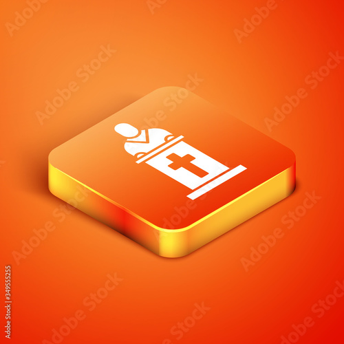 Isometric Church pastor preaching icon isolated on orange background. Vector