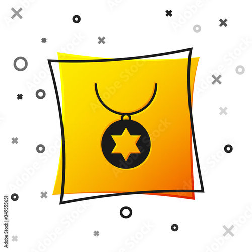 Black Star of David necklace on chain icon isolated on white background. Jewish religion. Symbol of Israel. Jewellery and accessory. Yellow square button. Vector