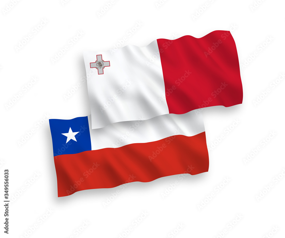 National vector fabric wave flags of Malta and Chile isolated on white background. 1 to 2 proportion.