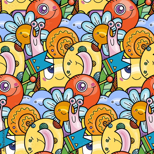 Kawaii seamless pattern doodle monsters,cute and fun variety of colors animals