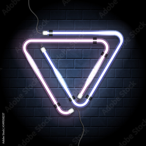 Neon shine double triangle with empty place for your text. Vintage electronic luminous dual delta frame