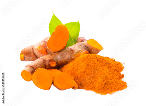 Fresh turmeric and turmeric powder isolated on a white background