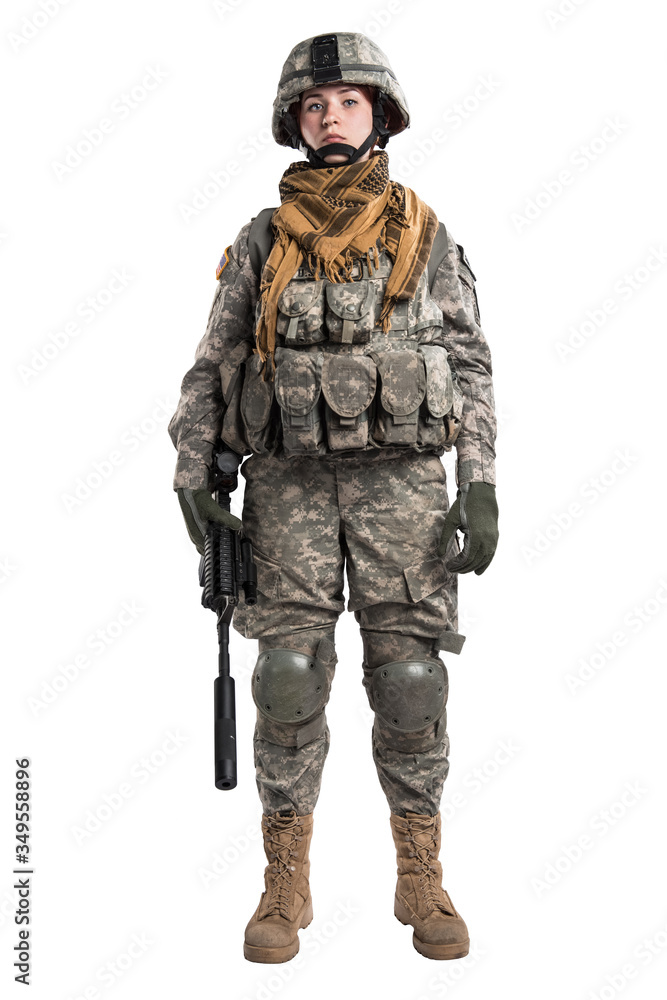 Female in US Army soldier (ISAF) with rifle. Shot in studio. Isolated with clipping path on white background Female in US Army soldier (ISAF) with rifle. Shot in studio. Isolated with clipping path on white background