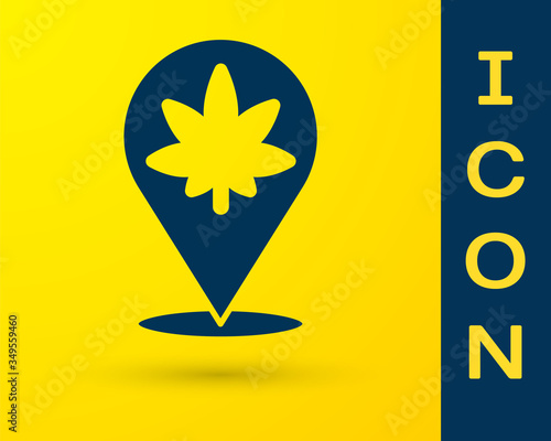 Blue Map pointer and marijuana or cannabis leaf icon isolated on yellow background. Hemp symbol. Vector
