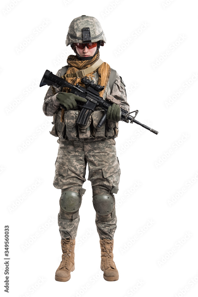 Female in US Army soldier (ISAF) with rifle. Shot in studio. Isolated with clipping path on white background Female in US Army soldier (ISAF) with rifle. Shot in studio. Isolated with clipping path on white background