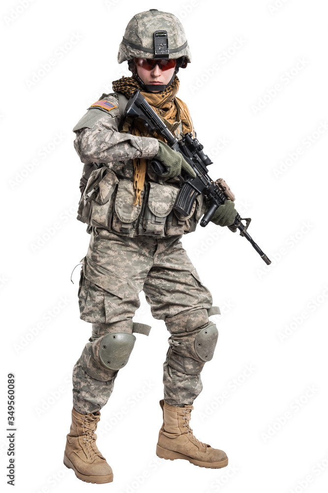 Female in US Army soldier (ISAF) with rifle. Shot in studio. Isolated with clipping path on white background Female in US Army soldier (ISAF) with rifle. Shot in studio. Isolated with clipping path on white background