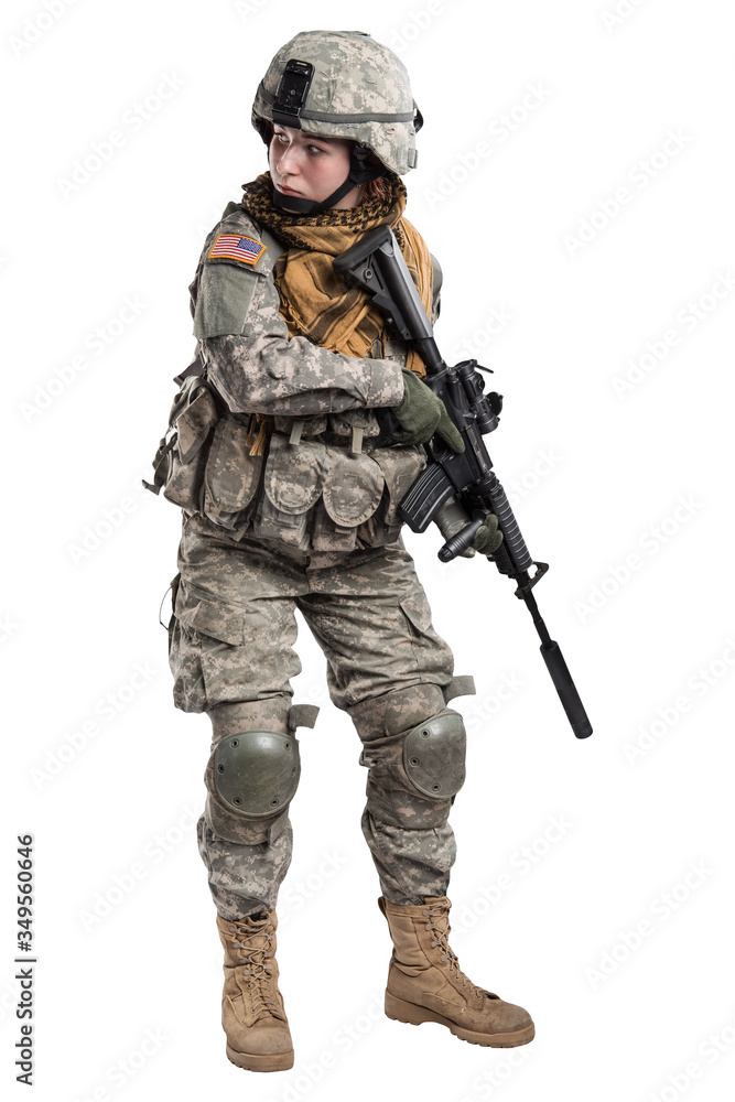 Female in US Army soldier (ISAF) with rifle. Shot in studio. Isolated with clipping path on white background Female in US Army soldier (ISAF) with rifle. Shot in studio. Isolated with clipping path on white background