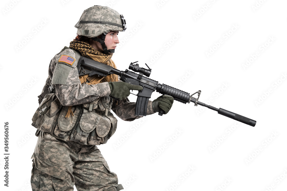 Female in US Army soldier (ISAF) with rifle. Shot in studio. Isolated with clipping path on white background Female in US Army soldier (ISAF) with rifle. Shot in studio. Isolated with clipping path on white background