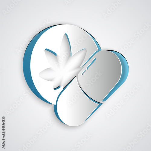 Paper cut Herbal ecstasy tablets icon isolated on grey background. Paper art style. Vector