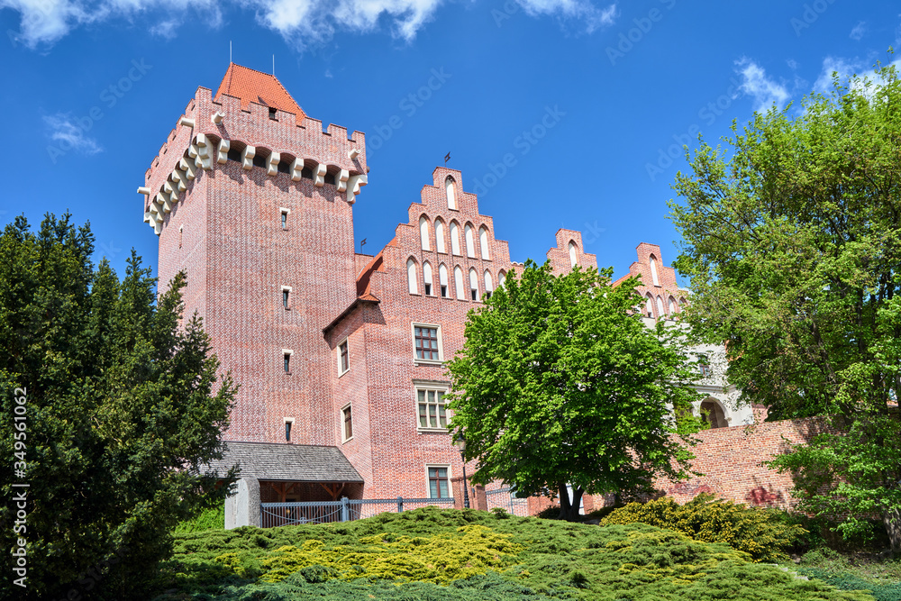 red brick tower reconstructed royal castle   in Poznan.