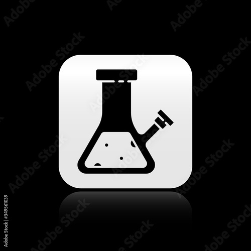 Black Glass bong for smoking marijuana or cannabis icon isolated on black background. Silver square button. Vector