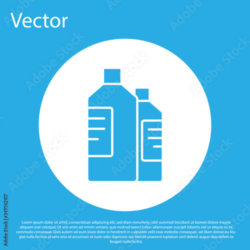Blue Plastic bottles for laundry detergent, bleach, dishwashing liquid or another cleaning agent icon isolated on blue background. White circle button. Vector