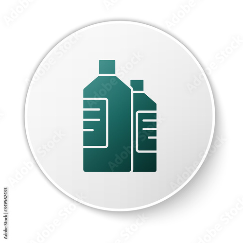 Green Plastic bottles for laundry detergent, bleach, dishwashing liquid or another cleaning agent icon isolated on white background. White circle button. Vector