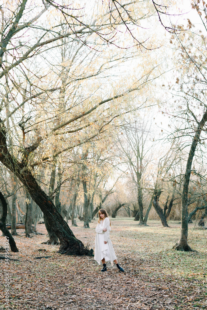 Fototapeta premium portrait of a young european fair haired girl in a light white dress and black shoes among a picturesque forest in autumn.nature,fashion concept.