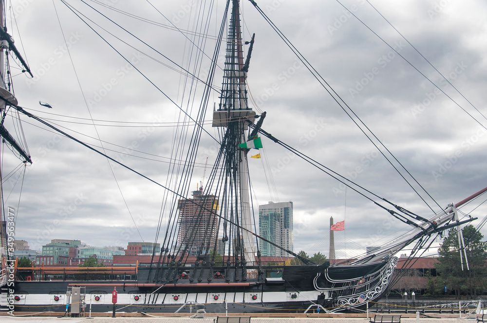 USS Constitution and Boston Skyline Charlestown Navy shipyard USS Constitution and Boston Skyline Charlestown Navy shipyard