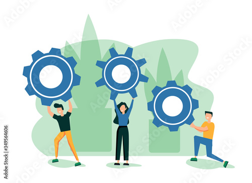 Business concept of vector illustration, little people links of mechanism, business mechanism, abstract background with gears, people are engaged in business promotion, strategy analysis, starting the