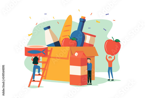 Tiny People Filling Cardboard Donation Box with Different Food and Products for Help to Poor People in Shelter, Support Social Care, Volunteering and Charity Concept. Cartoon Flat Vector Illustration