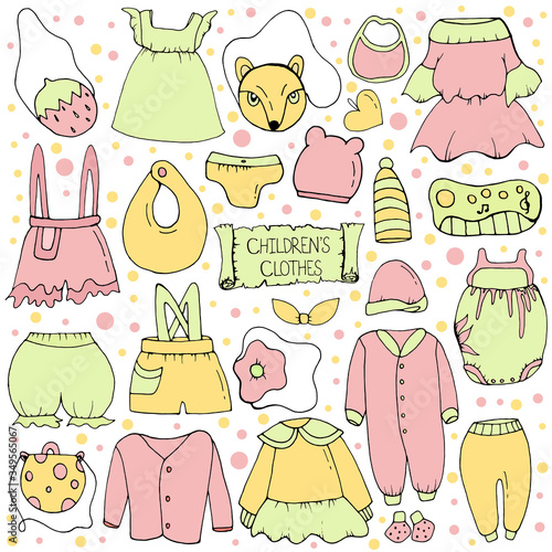 Set with children's clothing. Doodle style. Printing on postcards, posters. Vector isolated illustration with booties, sweatshirts, dresses, shorts, hats, children's bags, toys on a white background. 