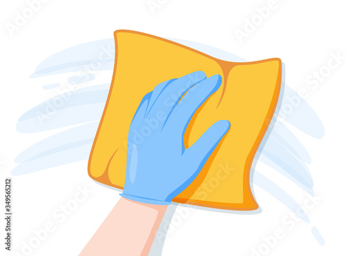 Cleaning napkin in the hands of a houseworker. Cleaning window. Wipe with a cloth, yellow microfiber, blue gloves.
