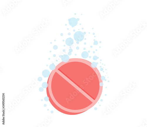 Tablet with bubbles. Effervescent dissolving aspirin pill in fizzy water. Vitamin drug with bubbles. Pharmacy dissolve medicine for healthcare vector isolated template