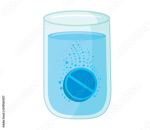 Vector illustration of effervescent tablet, soluble pills falling in a glass with water with fizzy bubbles isolated on a black background. Illustration of an art clip, design element.