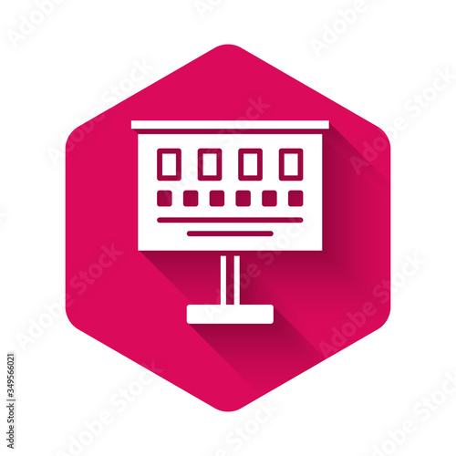 White Eye test chart icon isolated with long shadow. Poster for vision testing in ophthalmic study. Snellen chart. Pink hexagon button. Vector