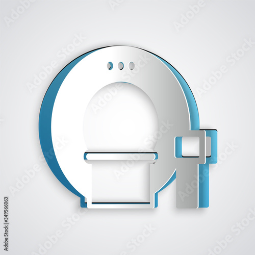 Paper cut Tomography icon isolated on grey background. Medical scanner, radiation. Diagnosis, radiology, magnetic resonance therapy. Paper art style. Vector
