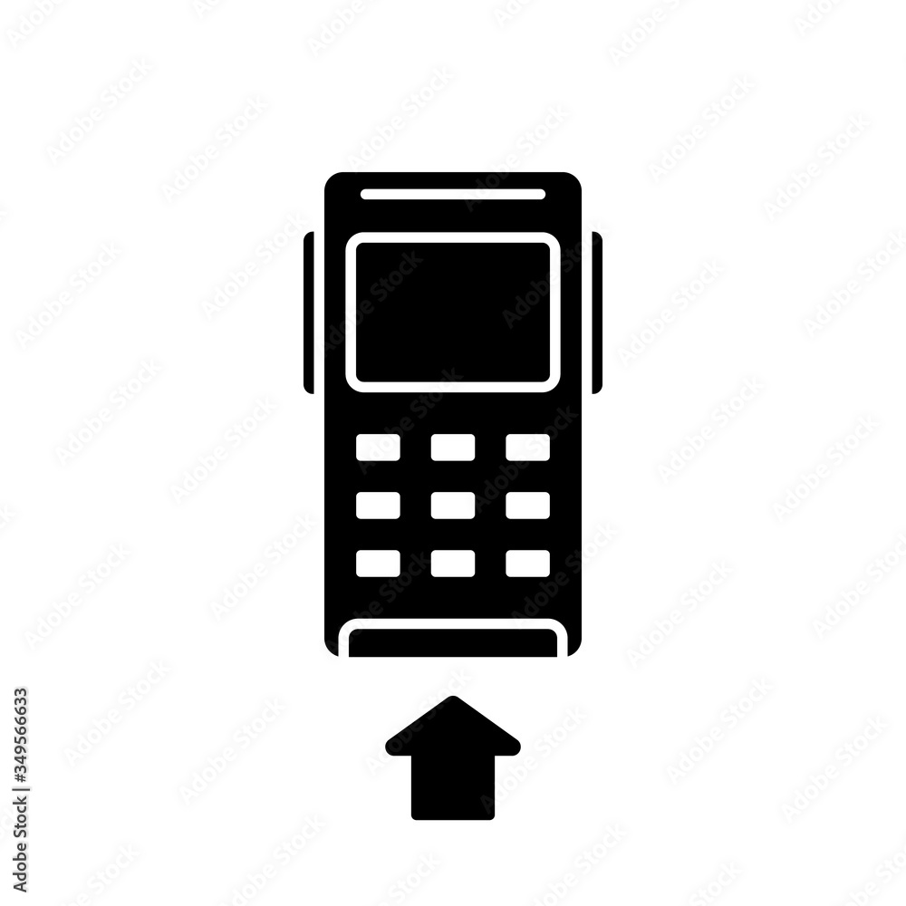Silhouette POS credit card terminal. Outline payment machine with arrow pointer. Black illustration of wireless reader with buttons. Flat isolated vector on white background. Cashless purchases icon Silhouette POS credit card terminal. Outline payment machine with arrow pointer. Black illustration of wireless reader with buttons. Flat isolated vector on white background. Cashless purchases icon