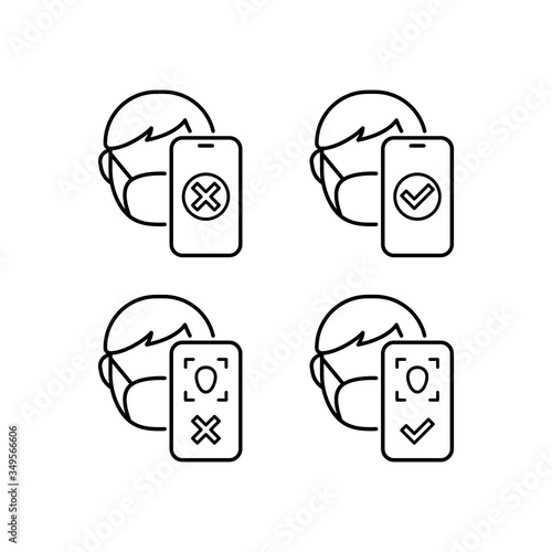 Facial recognition system for medical mask icon set. Linear face id emblem. Illustration of verified identity or identification failure. Contour vector. Camera scans user with respirator for login