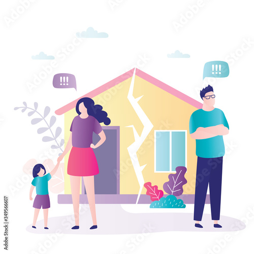 Couple in quarrel. Psychology mental problems concept. Divorce, father leaves family. Daughter with mother. Relationship family conflict, stress.