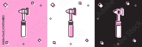 Set Medical otoscope tool icon isolated on pink and white, black background. Medical instrument. Vector