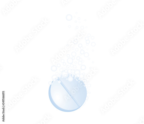 Tablet with bubbles. Effervescent dissolving aspirin pill in fizzy water. Vitamin drug with bubbles. Pharmacy dissolve