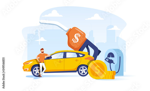 Petrol Economy Concept. Car Refueling on Fuel Station. Man Pumping Gasoline Oil. Service Filling Gas or Biodiesel
